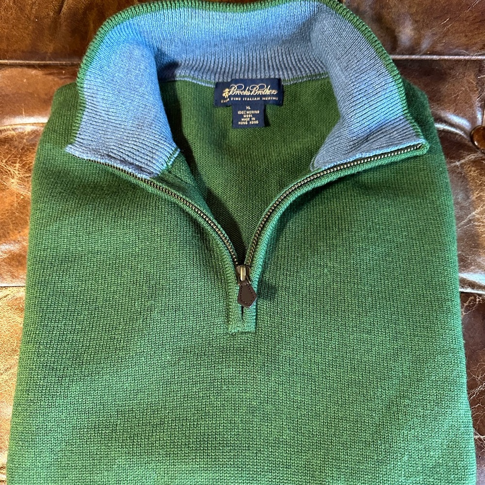 Brooks Brothers Extra-Fine Merino Wool Half-Zip Sweater, Green, XL